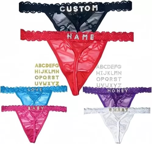 2 Pack Personalized Rhinestone Thongs with Custom Name, DIY Hand-Sewn Shiny Gold Letters, Luxury Custom Underwear, The Letters Are Hand Sewn, Very Strong And Not Easy To Fall Off
