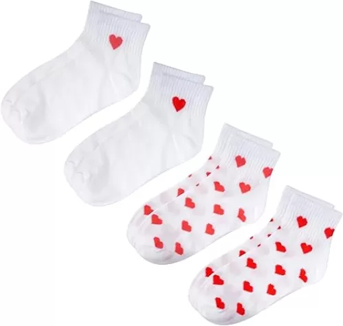 4Pairs Heart Socks, Heart Print Ankle Socks Valentine