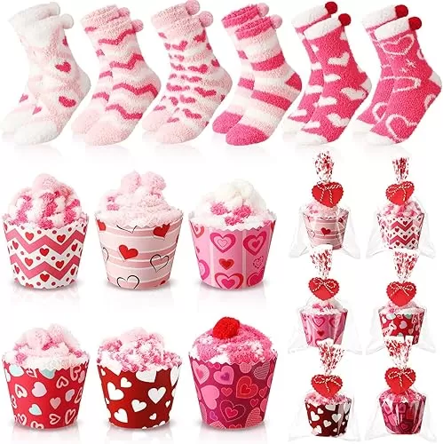 6 Pairs Funny Heart Cupcake Socks Fuzzy Sock with Cupcake Card DIY Gift Slipper Stockings for Women Men