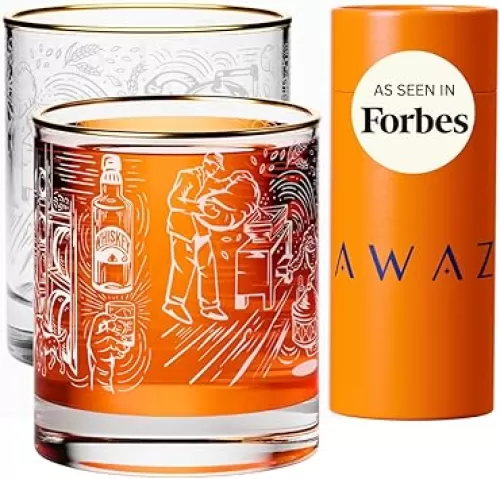 AWAZ Whiskey Glasses – Set of 2, Engraved with Whiskey-Making Process, 24k Gold Rim – 11oz Scotch, Bourbon Lovers Glass – Best Gift - Men, Dad, Husband – Father