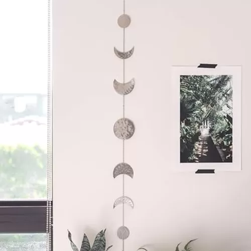 BASE ROOTS Moon Phase, Silver Wall Decor for Bedroom & Living Room, Bohemian Wall Decor, Handmade Hammered Metal 34" 7 Phases Moon, Celestial Wall Art, Gift for Women & Kids