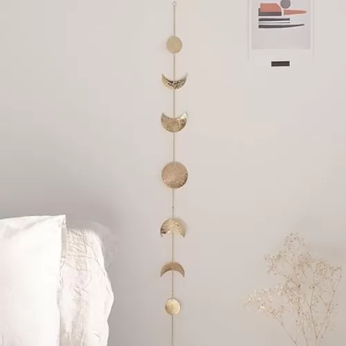 BASE ROOTS Moon Phase Wall Decor, Gold Wall Decor for Bedroom & Living Room, Boho Decor for Home, Handmade Hammered Metal 34" 7 Phases Moon Wall Decor, Bohemian & Celestial Wall Art for Women & Kids
