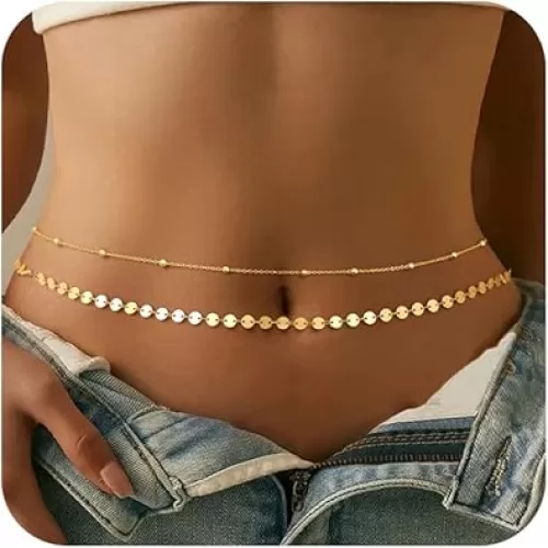 CHESKY Gold Waist Chain, 14K Gold Plated Belly Chain Adjustable Waterproof Body Chain Sexy Bikini Waist Beads for Women Satellite Beads Diamond Pearl Coin Chain Dainty Body Chain Jewelry for Women