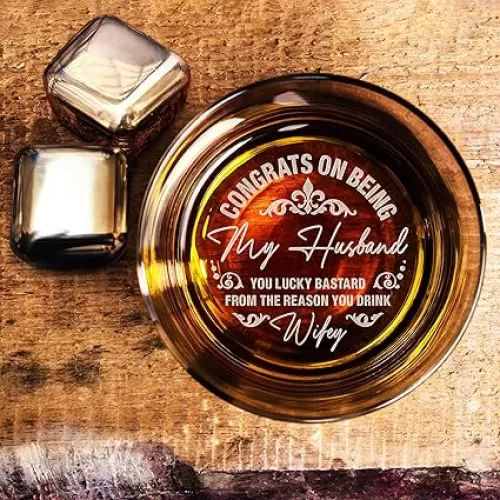 Congrats On Being My Husband Whiskey Glass - Gifts for Husband - Engraved Whiskey Glass for Him on Christmas - 11 oz - Made in the USA