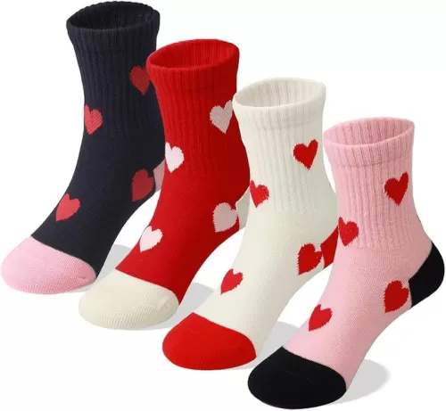 COTTON DAY Kids Girls Pink White Crew Athletic Socks with Retro Stripes Hearts