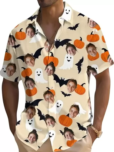 Custom Face Hawaiian Shirt for Men Halloween Personalized Funny Spooky Button Down Hawaiian Shirts w/Photo
