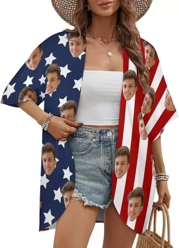Custom Face Swimsuit Cover up for Women, Personalized American Flag Cover Up, Funny Bathing Suit Cover up for Swimwear