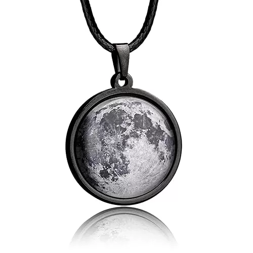 Custom Moon Phase by Date Black Pendant with Dark Brown Cord for Men - Personalized Birth Moon Necklace with Optional Engraving - Birthday or Anniversary Gift for Him (RP.1) (Cord lenght: 24")