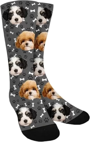 Custom Photo Pet Face Socks, Love Heart Crew Socks with 2 Faces for Men Women