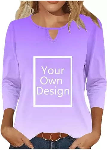 Custom Shirts, 3/4 Length Sleeve Womens Tops Keyhole Crewneck Shirts Family Casual Tunic Blouses Summer Basic Tees