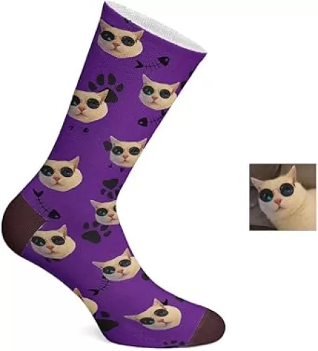 Customized Socks with Cat Personalized Picture Animal Pet Kitty Face Cute Fun Custom Cotton Long Socks for Gift Cat Lovers, Contrast color, 40cm