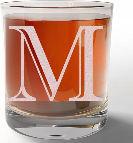 Etched Monogram 11oz Whiskey Rocks Glass (Letter M), A-Z Customized Bourbon Gifts for Men, Father’s Day, Personalized Old Fashioned Scotch Glass, Custom Engraved Gifts for Him, Initial, Name