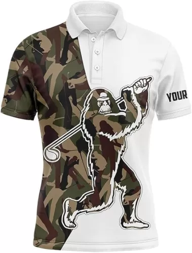 Funny Bigfoot Golf Polo Shirts Golf camo Pattern Custom Name Sasquatch Playing Golf Apparel, Mens Polo Shirts for Gifts, Short Sleeve Men's Shirt Multicolor