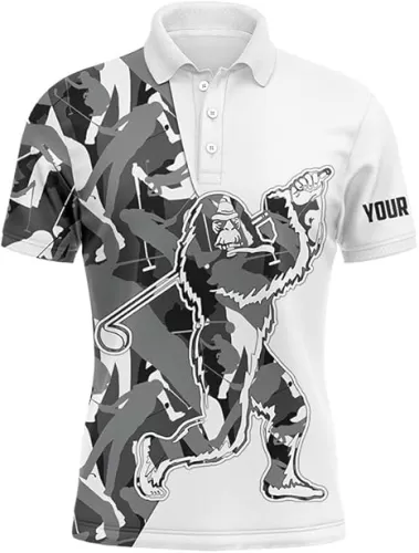Funny Bigfoot Golf Polo Shirts Gray Golf Camo Pattern Custom Name Sasquatch Playing Golf Apparel Printed Short Sleeve Shirt, Golf Polo Shirt. Golf Shirt Gift for Men Golfers