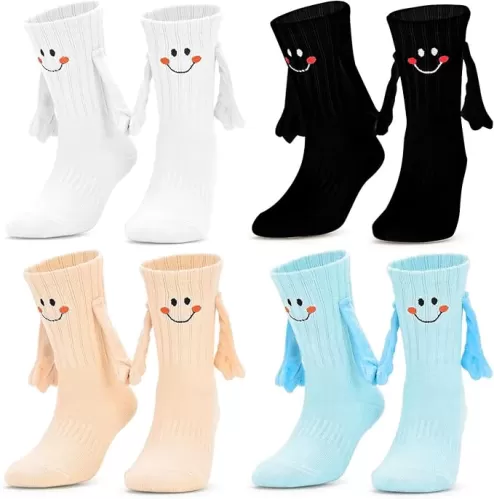 Funny Magnetic Holding Hands Socks, 4Pairs Crazy Cute Couple Sock Gifts for Women Men Valentine Halloween Christmas