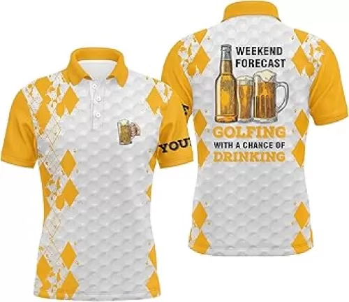 Funny Men's Golf Polo Shirt - Custom Name Weekend Forecast Golfing with a Chance of Drinking Beer Performance Golf Polo Shirt Personalized N4031 Black