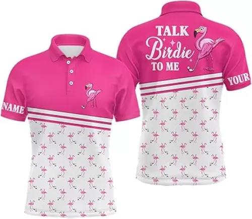 Funny Mens Golf Polo Shirts Custom Pink and White Flamingo Golf Shirts Talk Birdie to Me N7527