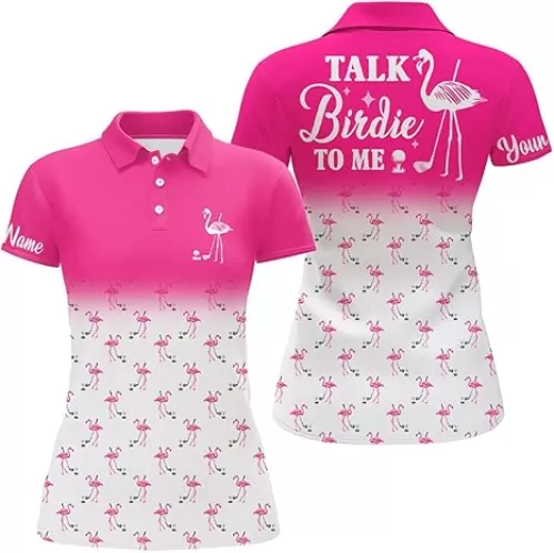 Funny Womens Golf Polo Shirt Custom Pink and White Flamingo Golf Shirts Talk Birdie to Me N6118