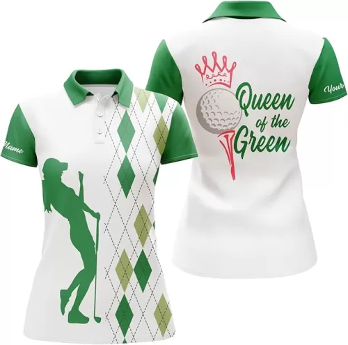 Funny Womens Golf Polo Shirt Queen of The Green Custom Argyle Plaid White Green Golf Shirts for Women N4894