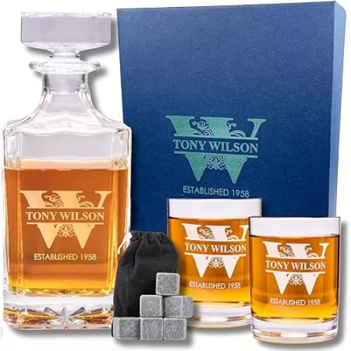 Gifts Inscribed Personalized Whiskey Decanter Set - Engraved Whiskey Decanter Bottle & Set of 2 Custom Drinking Glasses Laser Etched - Customized Whisky Gift for Wedding, Birthday, Fathers Day