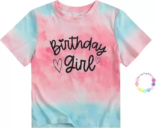Girls' Birthday Girl Letter Print T-Shirt with Bracelet, Pink, Size 4-12Y, Short Sleeve