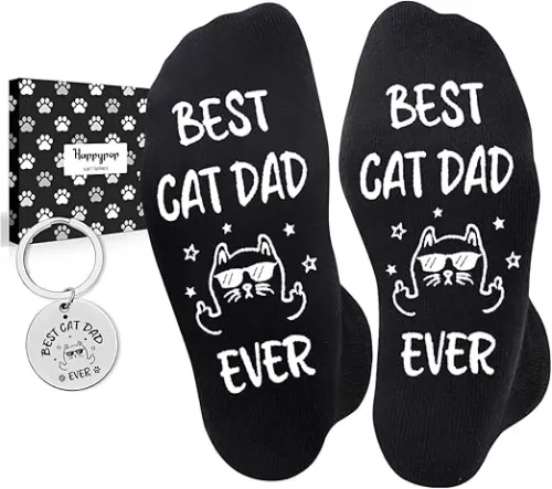 HAPPYPOP Funny Cat Gifts for Women Men - Birthday Gifts Cat Socks for Mom Dad with Keychain