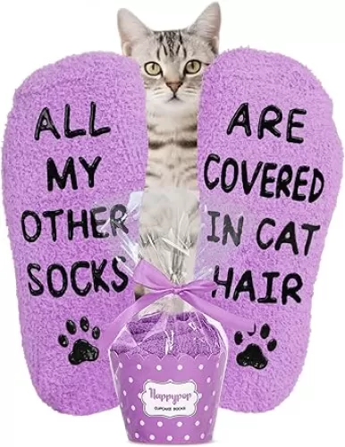 HAPPYPOP Funny Cat Mom Gifts for Women - Novelty Purple Cat Socks Birthday Gifts for Her Wife Girlfriend