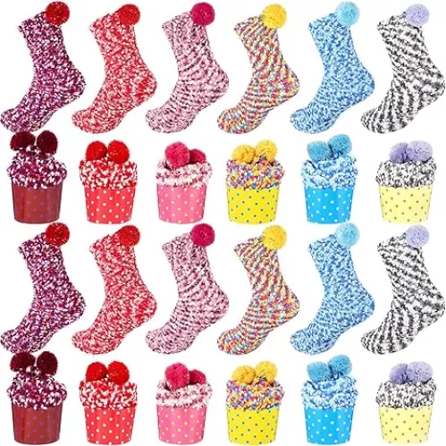 Haysandy 12 Pairs Fuzzy Socks Women Cupcake Stocking Warm Stuffers Women Slipper Thick Soft Plush Sock for Valentine Gifts Girls Winter Home Indoor Spa