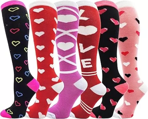 Heart Print Crew Socks for Women, Bulk Valentines Day Pink Love Colorful Pattern Novelty Galentines, Mothers Day