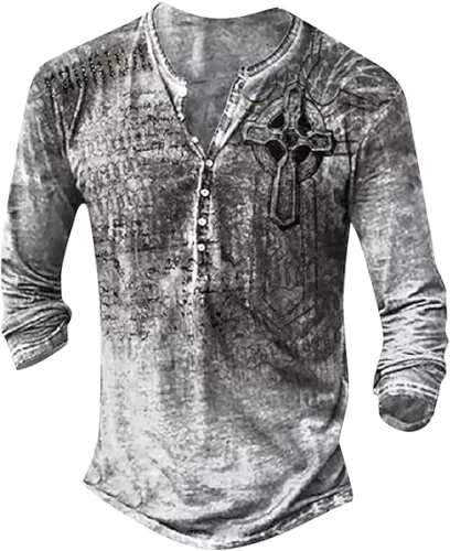 Long Sleeve Shirts for Men, Graphic Henley Shirts Y2K Goth Tops Slim Distressed Retro Button Up T Shirts Blouses