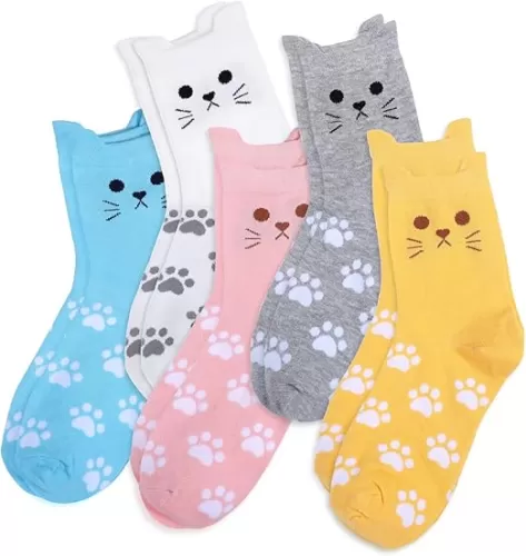 Lusofie 5 Pairs Cat Socks for Women - Funny Cute Cat Paw Print Ankle Socks - Soft Comfortable Animal Sock Gift - One Size Fits Most Women US 5-9