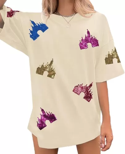 Magic Kingdom Shirts for Women Sequin Top Colorful Castle Graphic Tshirt Holiday Vacation Shirt Funny Cute Tee Tops