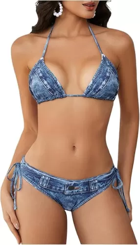MakeMeChic Women's Bikini Set Denim Print Halter Tie Back Triangle Swimsuit Beachwear