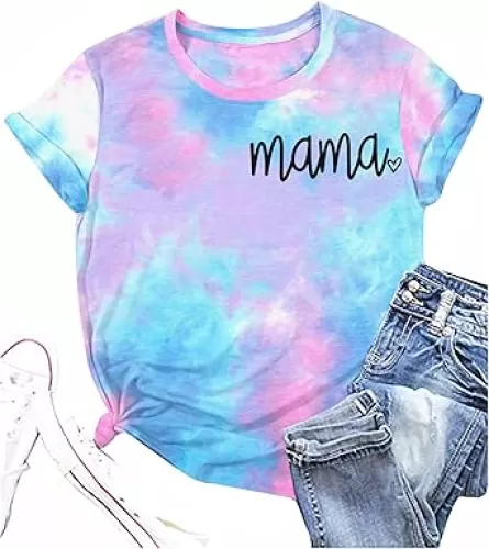 Mama Shirt Women Tie Dye Mom Life Tshirts Mama Letter Printed Shirts Mama Gift Casual Short Sleeve Tops