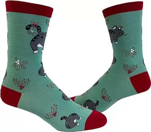 Mens Cat Butt Mistletoe Funny Cat Socks Hilarious Joke Christmas Secret Santa Gift for Pet Lover Crazy Footwear