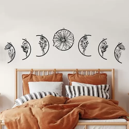 Moon Flower Metal Art, Moon Phase Wall Art for Boho Home, Living Room, Bedroom, Housewarming Gift, Black