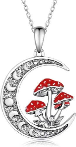 Moon Mushroom Necklace for Women, 925 Sterling Silver Magical Red Mushroom Pendant Moon Phase Necklaces, Anniversary Birthday Gifts for Women Mom, 18''-20''