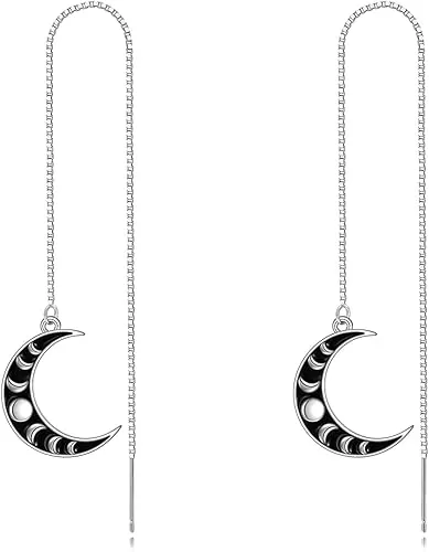 Moon Phase Threader Earrings 925 Silver Moon Dangle Drop Earrings Crescent Crescen Long Chain Pull Through Earrings Black Jewelry Gifts for Women