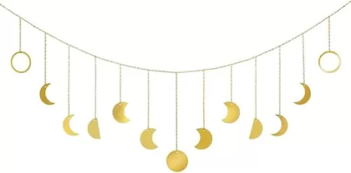 Moon Phase Wall Hanging Decor Garland Moons Hanging Art Aesthetic Decoration Girls Room Banner for Nursery Bedroom Living Room Dorm Home Apartment Office, Party Birthday Gift (Gold)