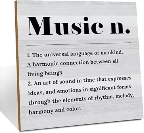 Music Definition Wood Sign Desk Decor Positive Rustic Office Cubicle Decor Inspirational Plaque with Metal Holder Farmhouse Office Desk Accessories for Home Table Shelf Tiered Tray Musician Gifts