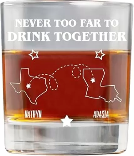 Never Too Far To Drink Together Personalized Whiskey Glass, Custom Bourbon Glass with Name, Birthday Funny Brother Gifts, Brotherhood Friendship
