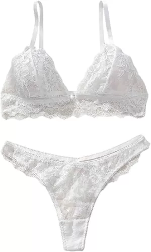 OYOANGLE Women's Lace Lingerie Sets See Through Front Closure Wireless Bralettes and Mid Rise Thong Set