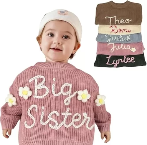 Personalized Baby Name Sweater, Toddler Baby Girl Boy Knit Sweater Gifts, Custom Newborn Girl Clothes Cardigan, Baby Sister Sweater. Multicolor