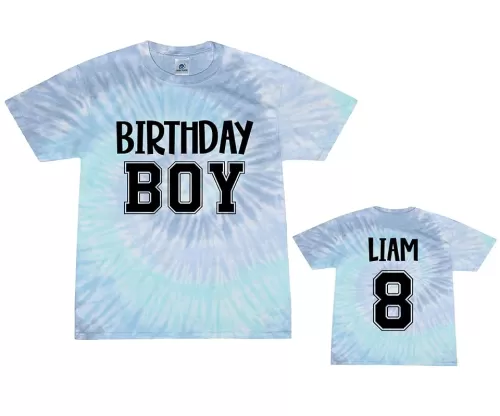 Personalized Birthday Boy Tie Dye T-Shirt - Customizable Name and Age on Back - Toddler, Youth, and Adult Sizes Tie-Dye Tee Shirt, Lagoon or Blue Jerry (Youth Small (6-8), Blue Jerry)