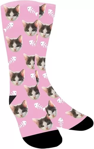 Personalized Design Funny Fishbone Socks Your Pet Cat Face Custom Fashion Cotton Socks for Family and Friends, Contrast color, 40cm