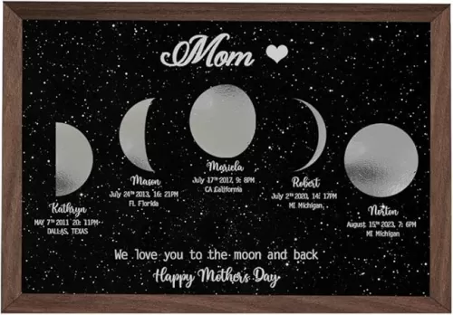 Personalized Family Foil Moon Phase Wall Art Picture Frame - Custom Kids Name Date of Birth Night Sky Lunar Print, Mothers Day Birthday Gift for Mom Dad Grandpa Grandma