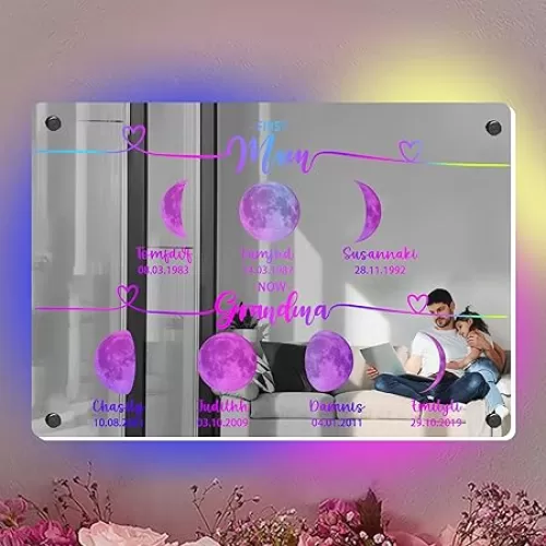 Personalized First Mom Now Grandma Moon Phase LED Mirror Light, Custom Mother's Day Moon Phase Light Up Mirror Neon Sign, Mother's Day Birthday Housewarming Gifts for Family Mom Grandma Nana