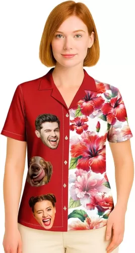 Personalized Fruit Hawaiian Shirt for Women Mom Wife, Customized Muscle Fake Abs Name & Photo Women's Hawaiian Shirt