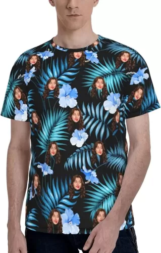 Personalized Hawaiian T Shirts for Men | Custom Photo Shirt Tropical Flower and Palm Leaf Printed Custom Hawaiian T Shirt with Face Gift for Men/Dad (Style 1)