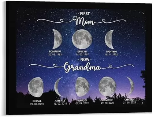 Personalized Moon Phase Canvas Frame, Custom Real Moon Phase Canvas Poster with Name Date, Mothers Day Birthday Gifts for Mom Grandma Home Decor